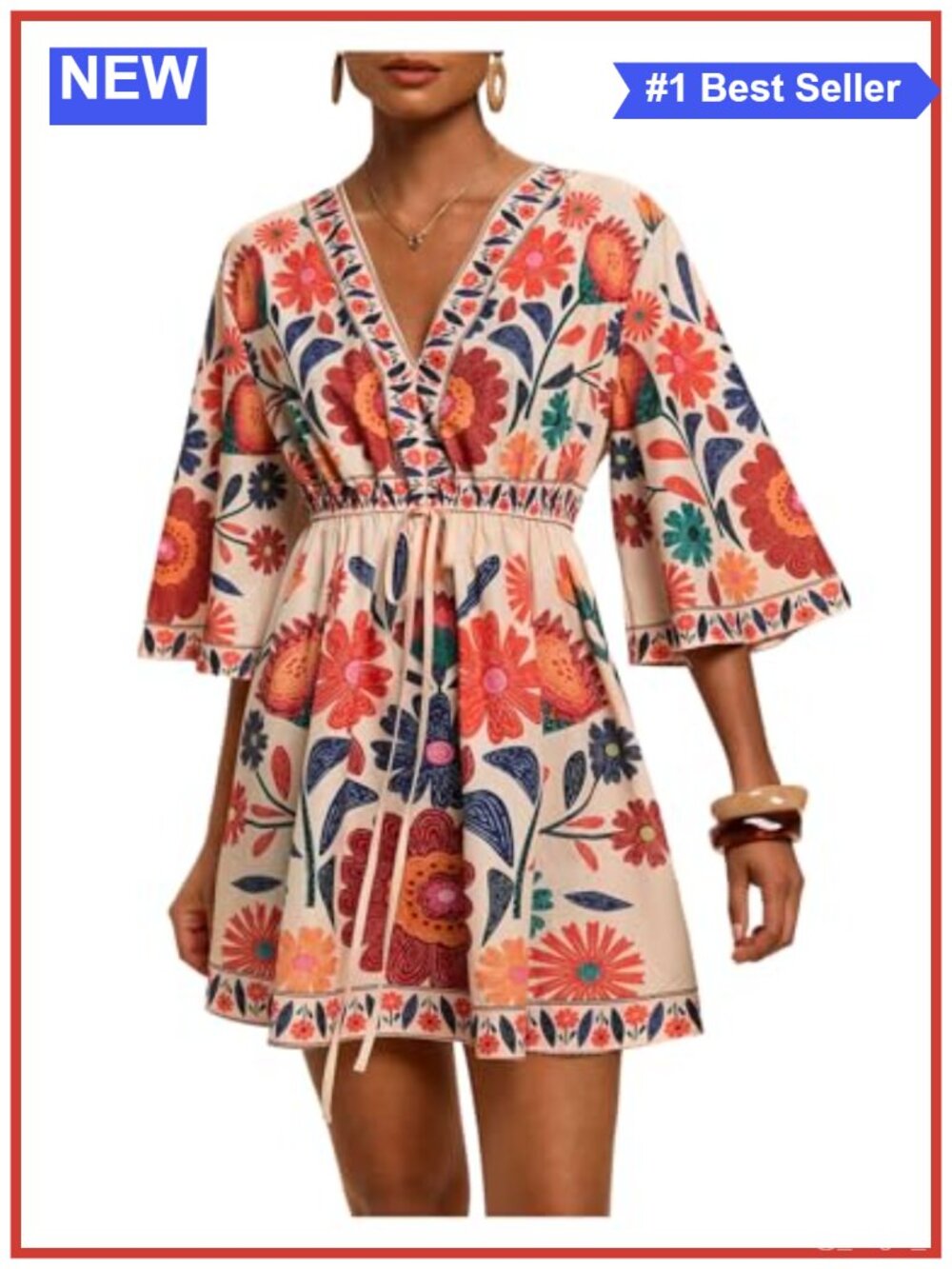 Women's Boho Floral V Neck Ruffle Hem Tie Front Short Dress